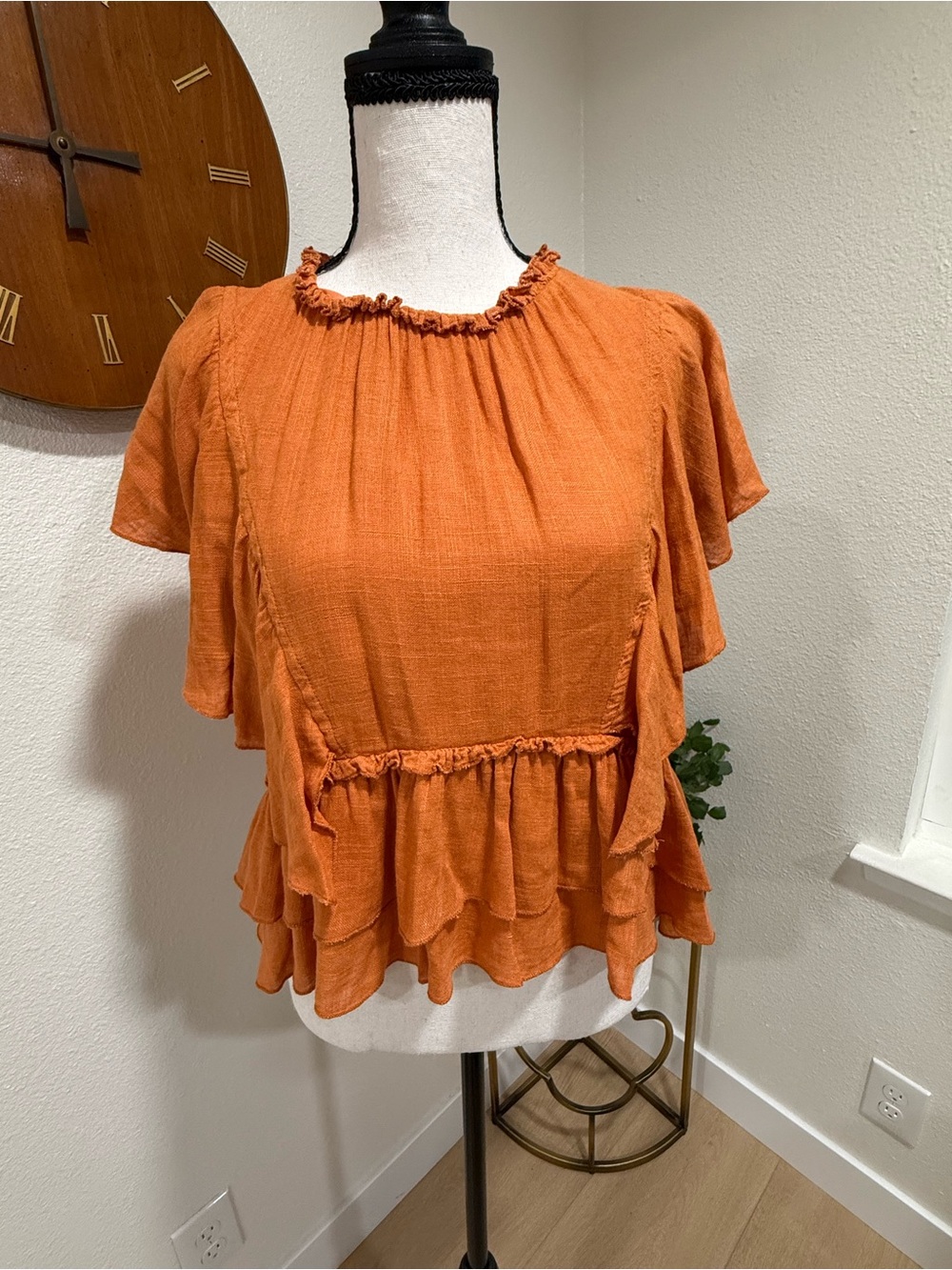 Moon River 100% Linen Ruffle Peplum Blouse Orange Boho Top XS